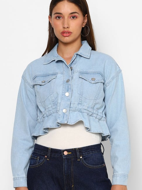 Buy Forever 21 Light Blue Cotton Cropped Jacket for Women Online