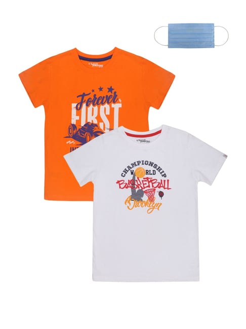 Li'l Tomatoes Kids Orange & White Cotton Printed T-Shirts & Mask -...