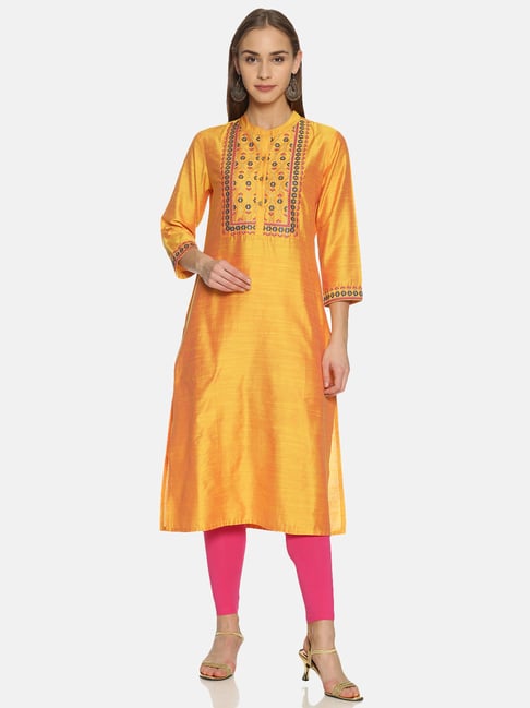 Saffron Threads Yellow Embroidered Straight Kurta Price in India