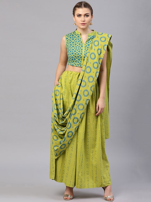 Aks Green Geometric Ready to Wear Saree With Blouse Price in India
