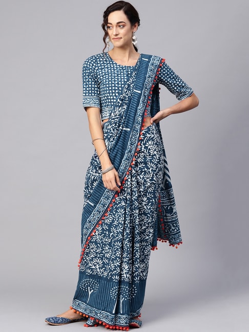 Aks Blue Printed Saree With Blouse Price in India