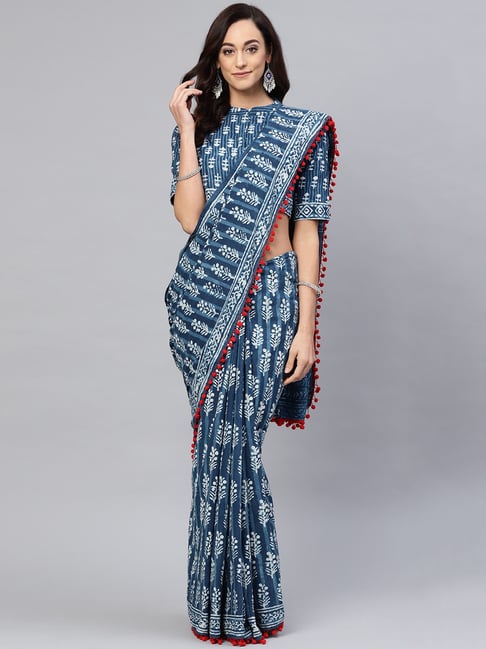 Aks Blue Printed Saree With Blouse Price in India