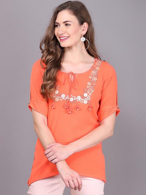 Lakshita Orange Cotton Embroidered Top