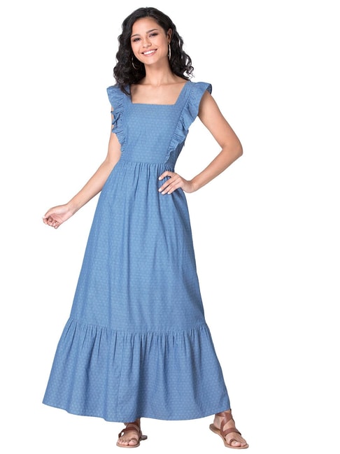 FabAlley Blue Chambray Frilled Maxi Dress Price in India