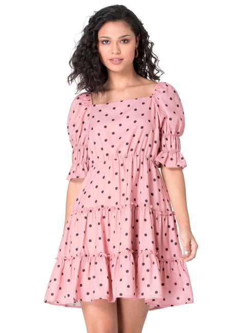 FabAlley Pink Polka Puff Sleeves Tiered Skater Dress Price in India