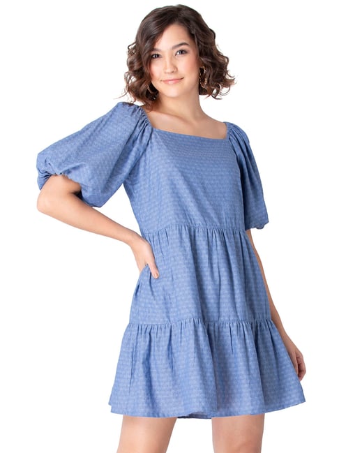 FabAlley Blue Blouson Sleeve Tiered Dress Price in India