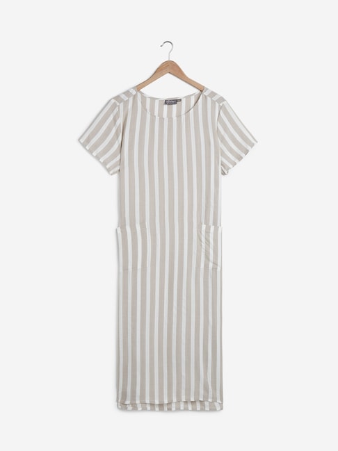 Gia Curves by Westside Taupe Striped White Maxi Dress Price in India