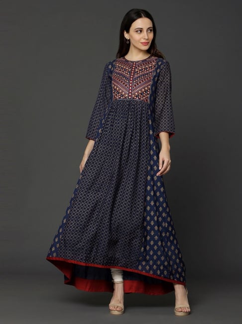 Ojas Design Navy Embroidered A Line Kurta Price in India