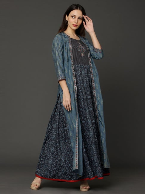 Ojas Design Blue & Black Embellished A Line Kurta Price in India