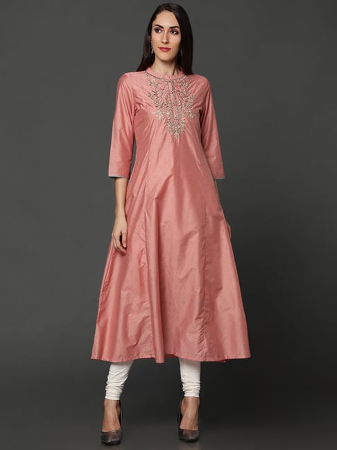 Ojas Design Peach Embroidered A Line Kurta Price in India