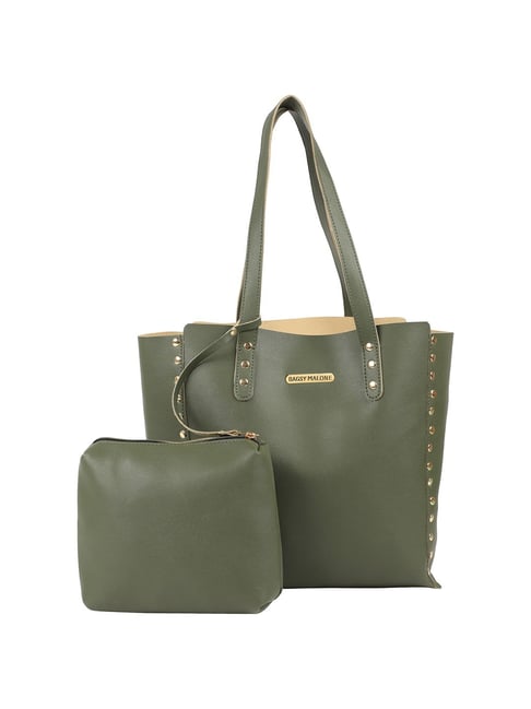 Bagsy Malone Green Rivets Medium Tote Handbag With Pouch Price in India