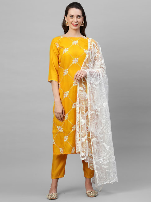 Indo Era Yellow Embellished Kurta With Pant & Dupatta Price in India