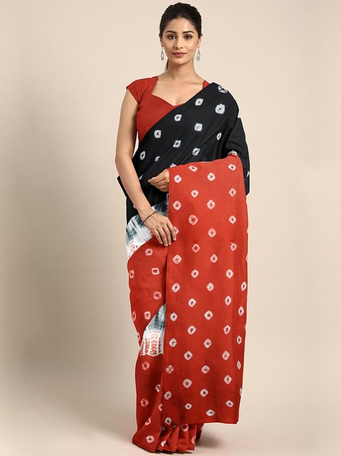 Kalakari India Black & Orange Cotton Printed Saree With Unstitched Blouse Price in India