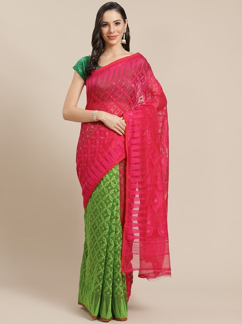 Kalakari India Pink & Green Woven Saree Price in India