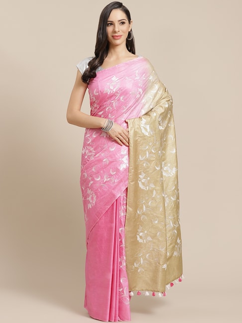 Kalakari India Pink & Beige Embroidered Saree With Unstitched Blouse Price in India