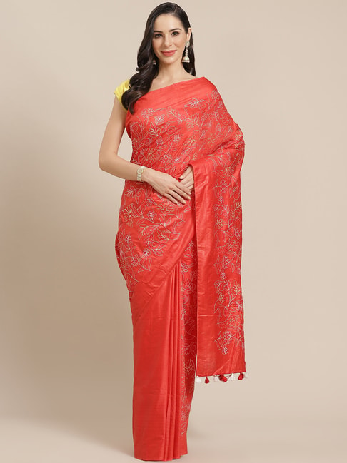 Kalakari India Red Embroidered Saree With Unstitched Blouse Price in India