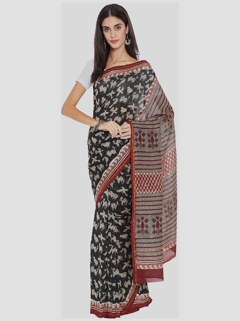 Kalakari India Black Printed Saree With Unstitched Blouse Price in India