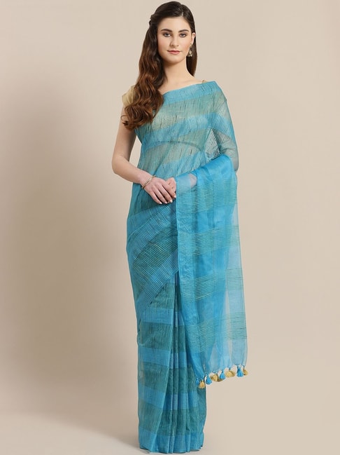 Kalakari India Turquoise Linen Embroidered Saree With Unstitched Blouse Price in India