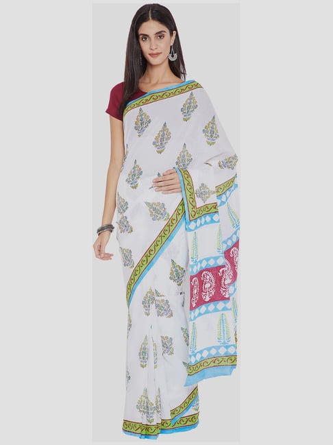 Kalakari India White Cotton Printed Saree With Unstitched Blouse Price in India
