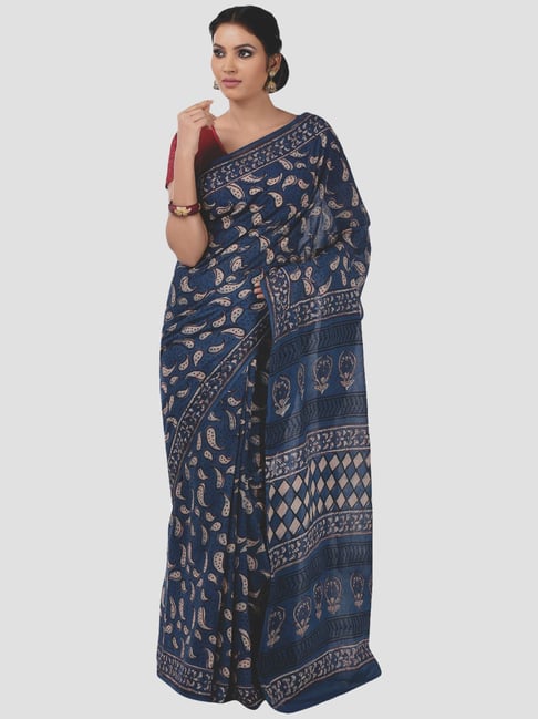 Kalakari India Blue Cotton Printed Saree With Unstitched Blouse-picture-11