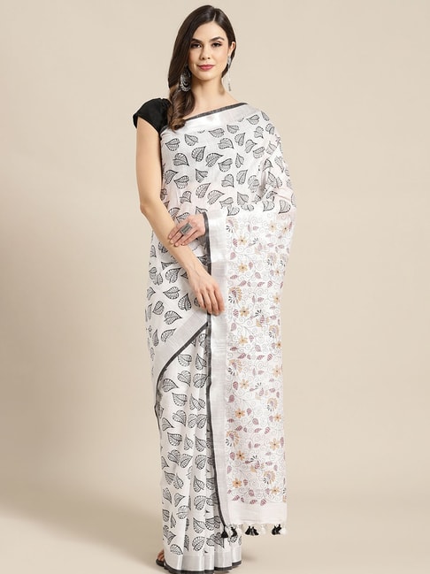 Kalakari India White Linen Printed Saree With Unstitched Blouse Price in India