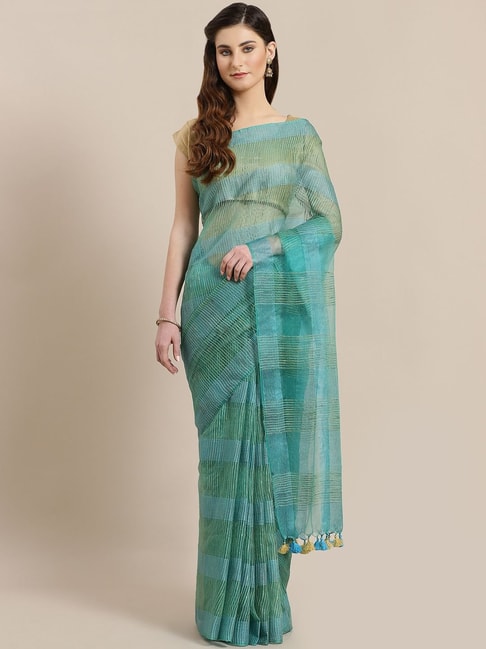 Kalakari India Blue & Green Linen Embroidered Saree With Unstitched Blouse Price in India