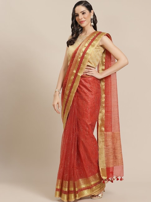 Kalakari India Red Embroidered Saree With Unstitched Blouse Price in India