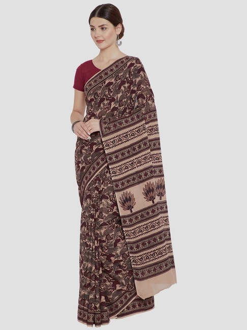 Kalakari India Beige & Maroon Cotton Printed Saree With Unstitched Blouse Price in India