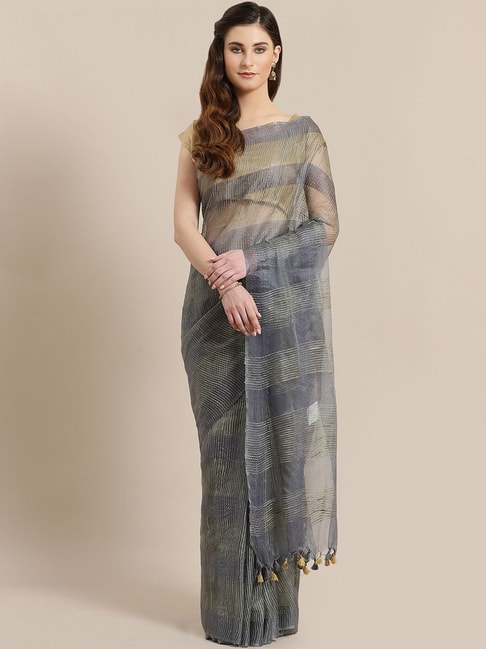 Kalakari India Grey Linen Embroidered Saree With Unstitched Blouse Price in India