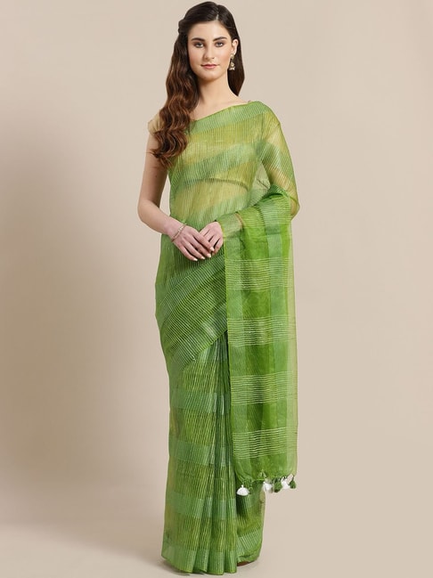 Kalakari India Green Linen Embroidered Saree With Unstitched Blouse Price in India