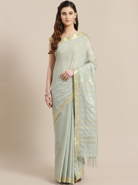 Kalakari India Grey & Golden Linen Woven Saree With Unstitched Blouse Price in India