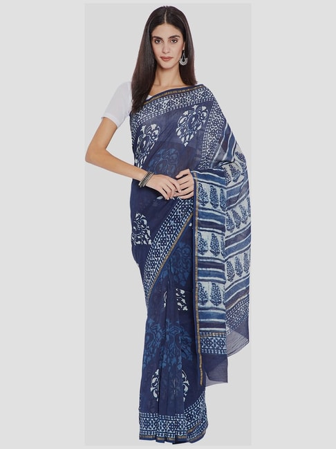 Kalakari India Blue Printed Saree With Unstitched Blouse Price in India