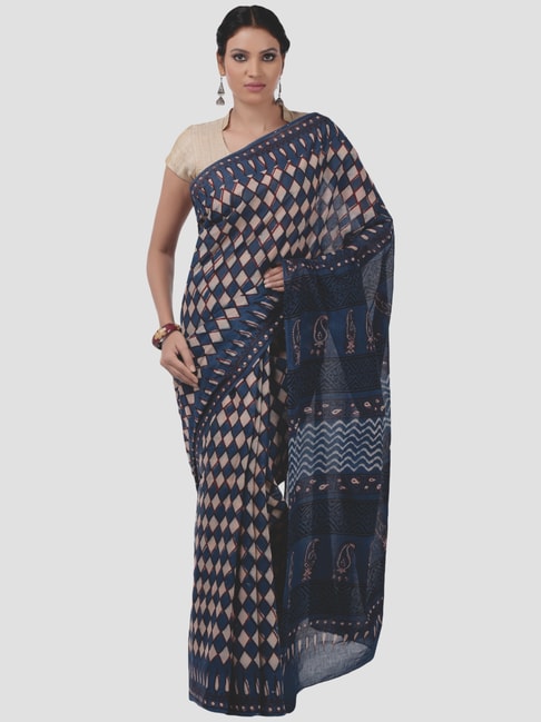 Kalakari India Blue Cotton Printed Saree With Unstitched Blouse Price in India