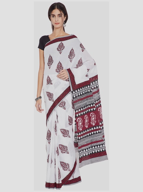 Kalakari India White Cotton Printed Saree With Unstitched Blouse Price in India