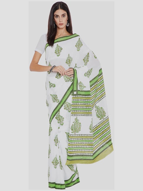 Kalakari India White & Green Cotton Printed Saree With Unstitched Blouse Price in India