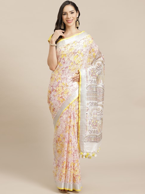 Kalakari India Off-White Linen Printed Saree With Unstitched Blouse Price in India