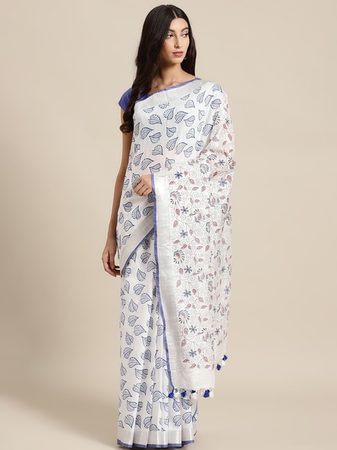 Kalakari India White Linen Printed Saree With Unstitched Blouse Price in India