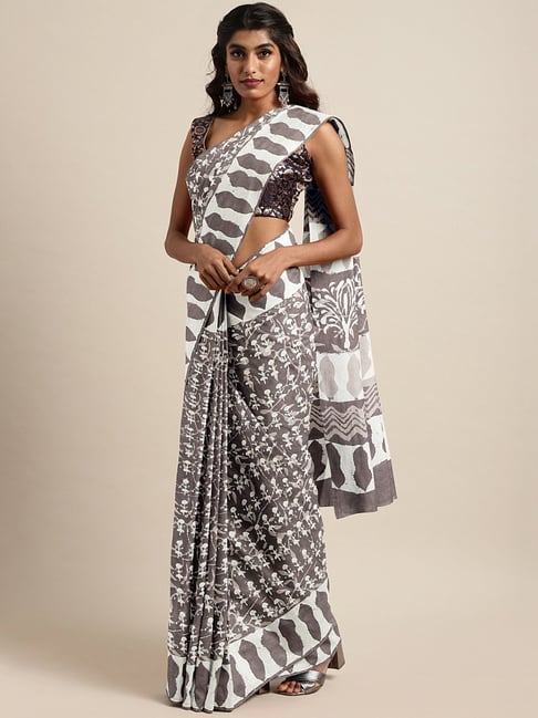 Kalakari India White & Grey Cotton Printed Saree With Unstitched Blouse Price in India