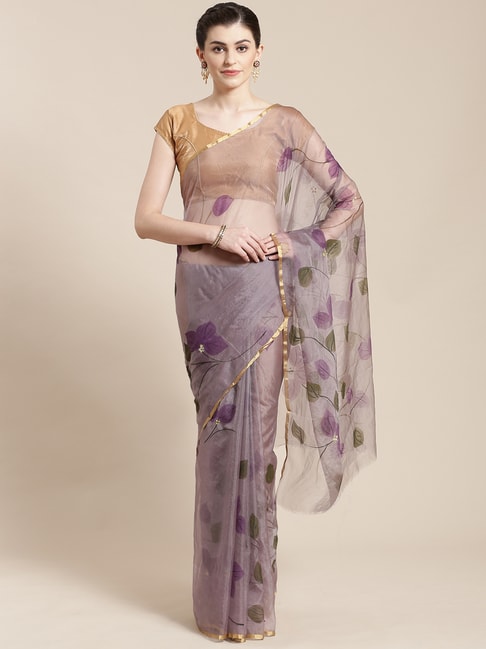 Kalakari India Purple Printed Saree With Unstitched Blouse Price in India