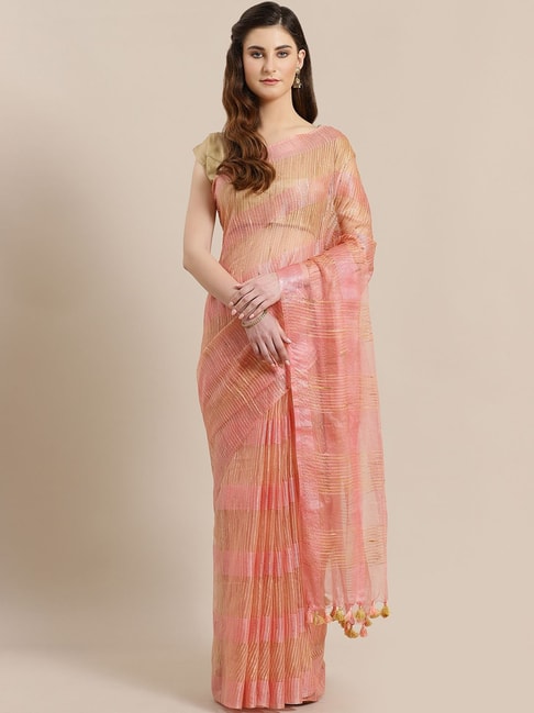 Kalakari India Pink Linen Embroidered Saree With Unstitched Blouse Price in India
