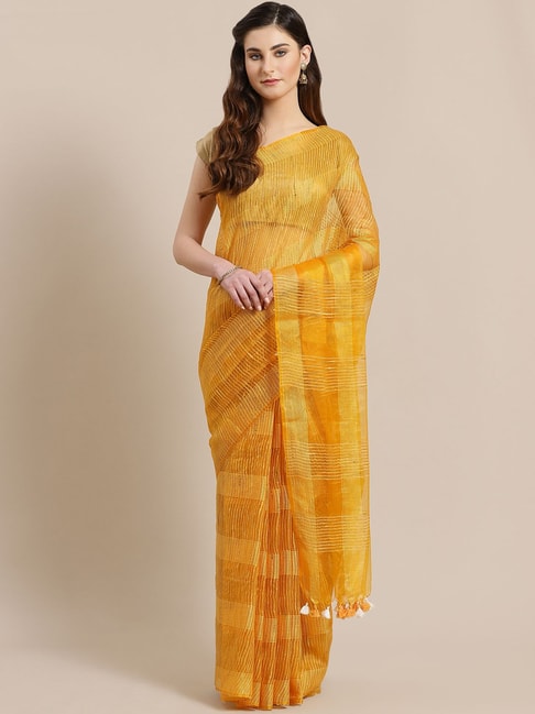 Kalakari India Mustard Linen Embroidered Saree With Unstitched Blouse Price in India