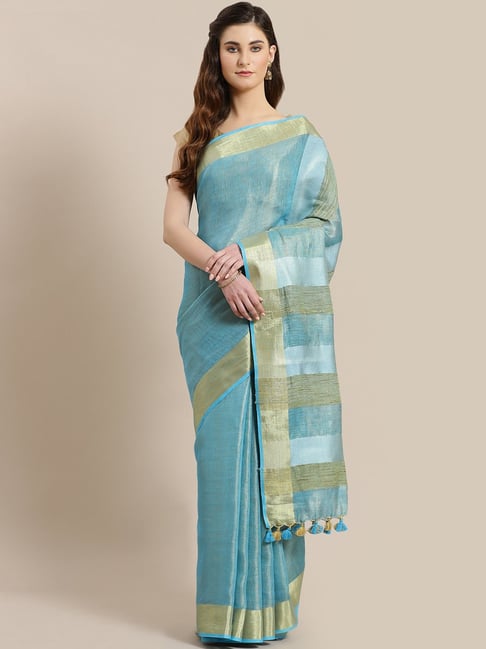 Kalakari India Blue & Golden Saree With Unstitched Blouse Price in India