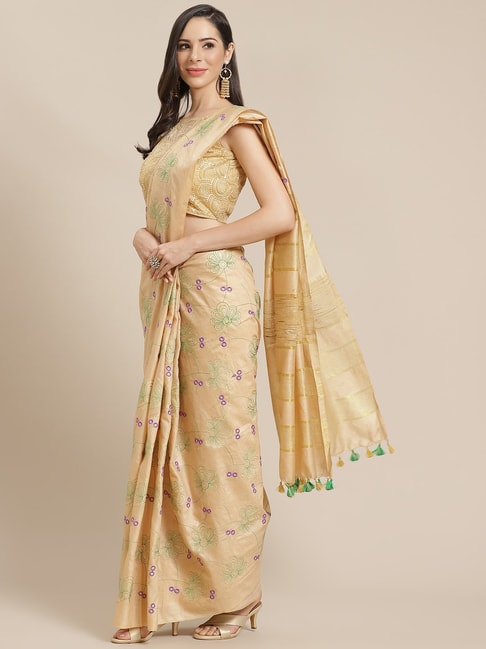 Kalakari India Beige Embroidered Saree With Unstitched Blouse Price in India