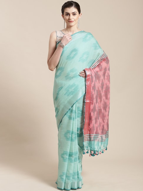 Kalakari India Green & Pink Linen Printed Saree With Unstitched Blouse Price in India