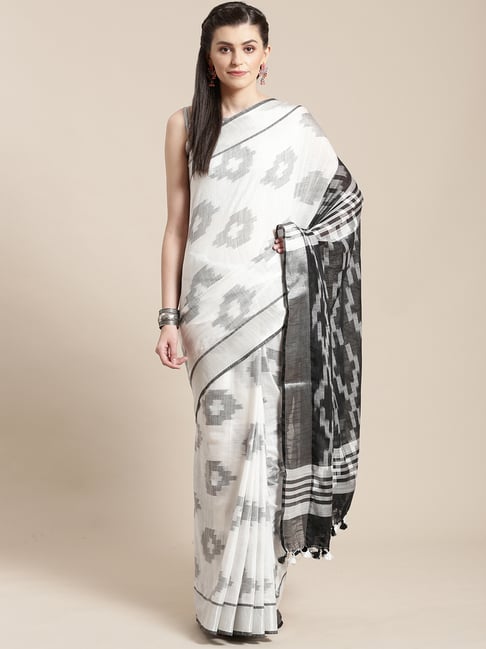Kalakari India White & Black Linen Printed Saree With Unstitched Blouse Price in India