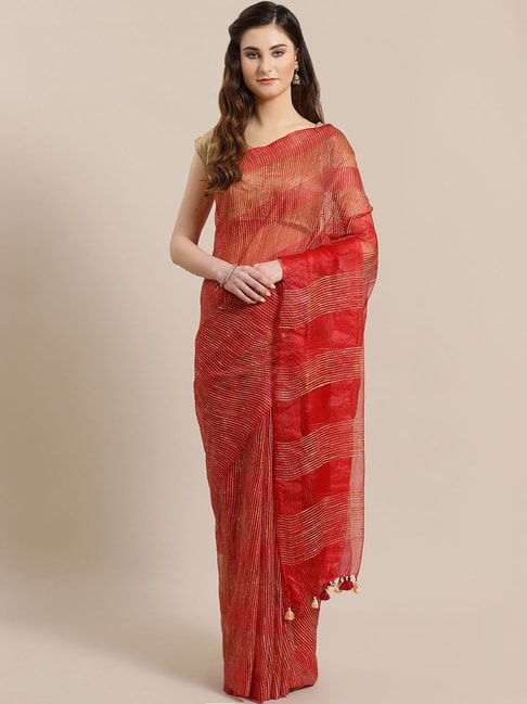 Kalakari India Red Linen Embroidered Saree With Unstitched Blouse Price in India