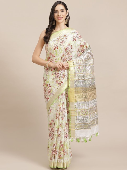 Kalakari India Off-White & Green Linen Printed Saree With Unstitched Blouse Price in India