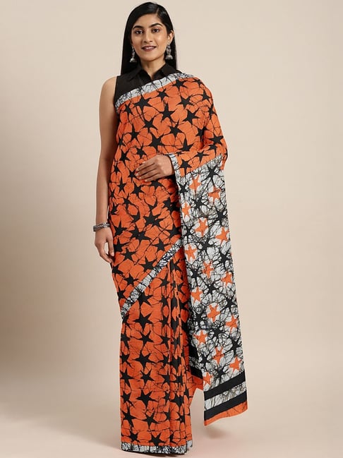 Kalakari India Orange Cotton Printed Saree With Unstitched Blouse Price in India