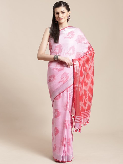 Kalakari India Pink & Peach Linen Printed Saree With Unstitched Blouse Price in India