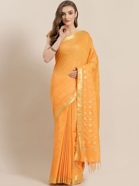 Kalakari India Orange Linen Woven Saree With Unstitched Blouse Price in India